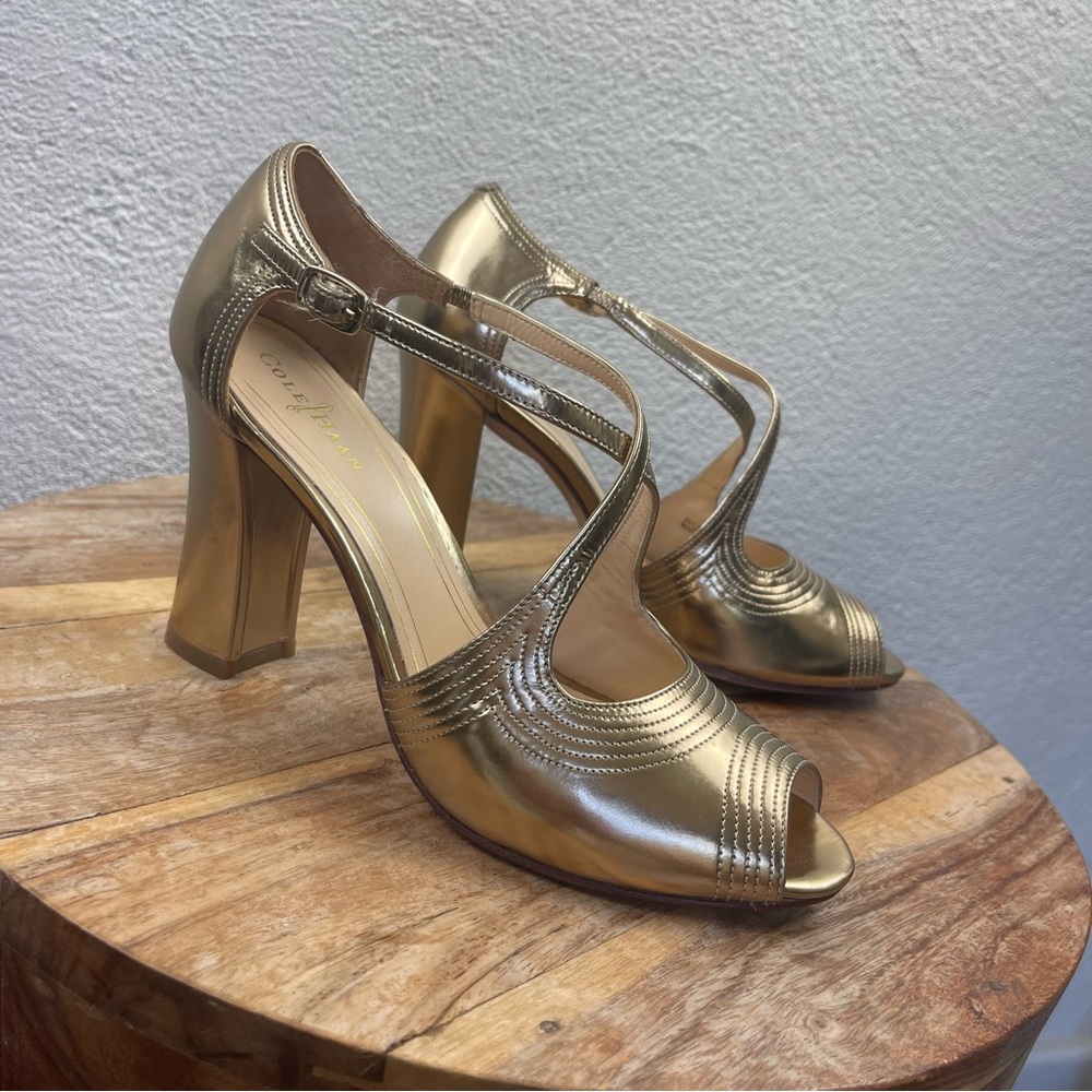 Cole Haan l 6B Retro 30s Metallic Stitch Criss-Cross Straps Peep Toe Dance Heels